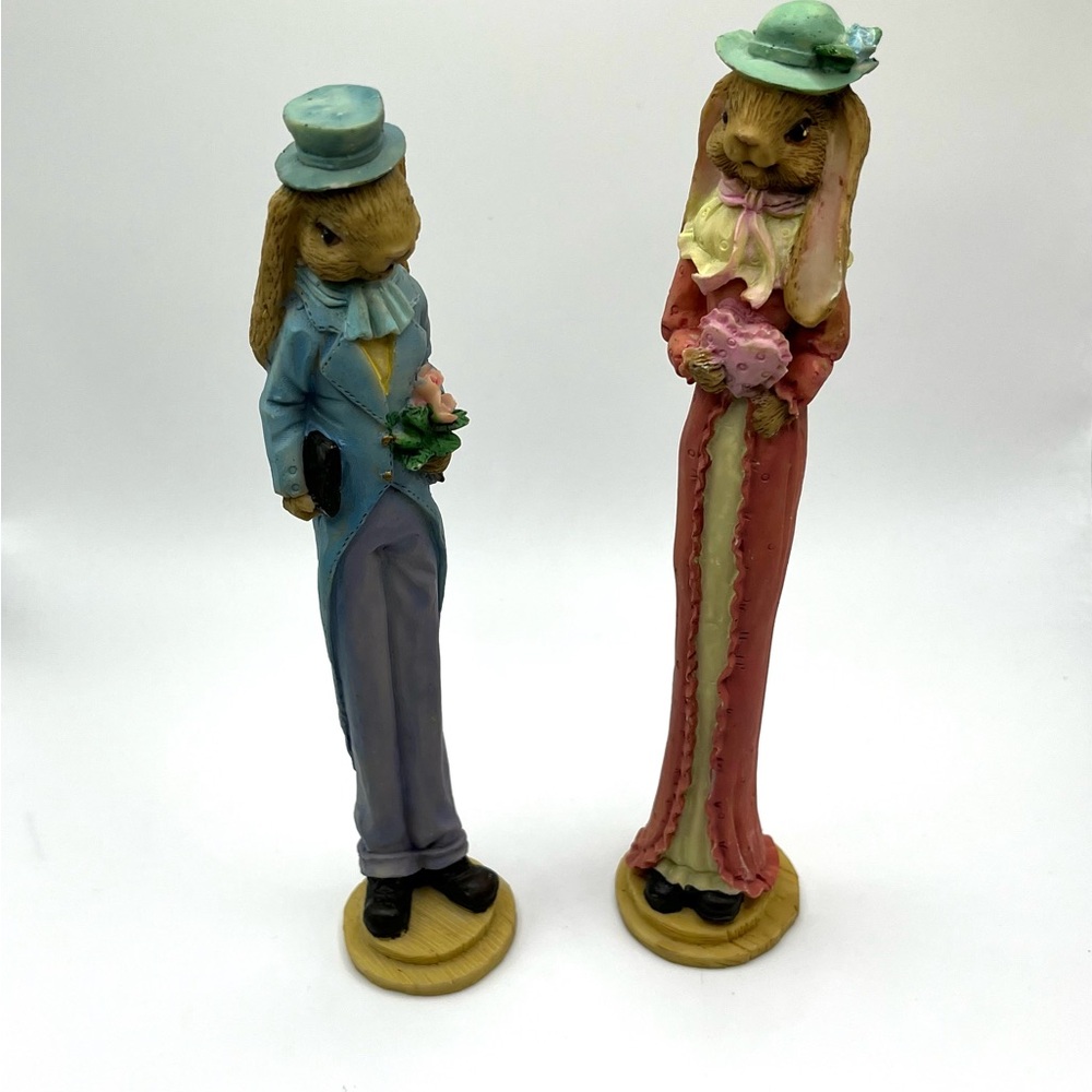 PAIR OF Mr & Mrs EASTER Bunny Rabbit Resin Tall Pencil Figurine